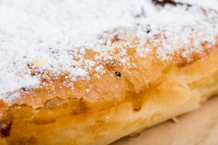 Delicious puff cake with sugar powder and raisins. Macro. Can be used as a whole background.の写真素材