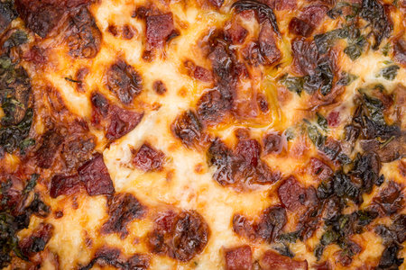 Heat american pizza in cardboard box. Macro. Can be used as a whole background.