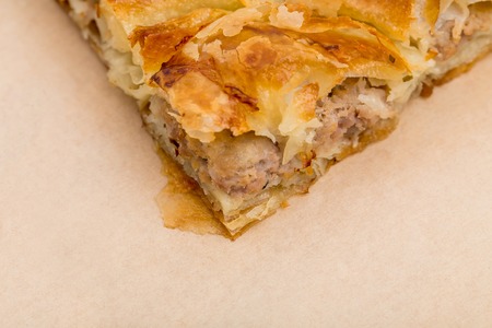 Closeup of cake with chicken meat as a balkan cuisine. Macro. Can be used as a whole background.の写真素材