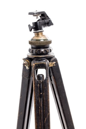 Old expedition oaken wooden tripod. Isolated on a white background.の写真素材