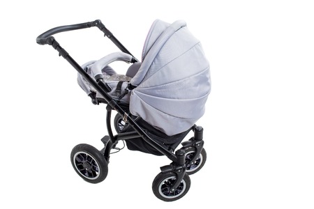 New gray modern pram. Side view. Isolated on a white background.の写真素材