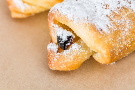 Delicious puff cake with sugar powder and raisins. Macro. Can be used as a whole background.の写真素材