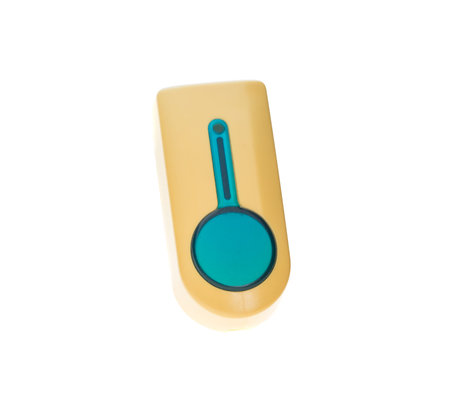 Yellow plastic doorbell with blue push button. Isolated on a white background.