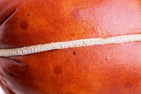 Closeup of smoked sausage casing with rope. Macro. Photo can be used as a whole background.