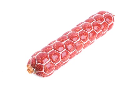 Delicious italian salami sausage. Isolated on a white background.の写真素材