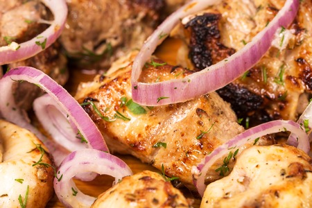 Delicious grilled pork meat with onion. Macro. Photo can be used as a whole background.の写真素材