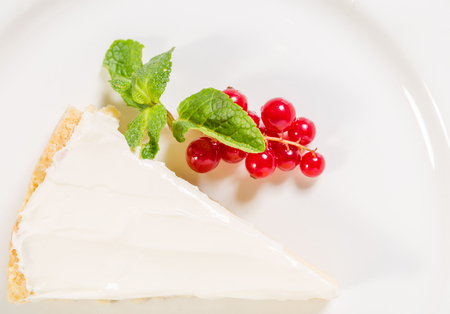 Lemon cheesecake with mint and red currant. Macro. Photo can be used as a whole background.の写真素材