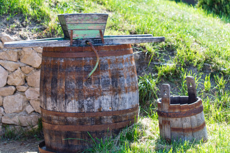 Old rusty wine press with oak barrel at the backyard.の写真素材
