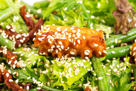 Salad with grilled octopus and dried tomatoes covered with sesame seeds. Macro. Photo can be used as a whole background.の写真素材
