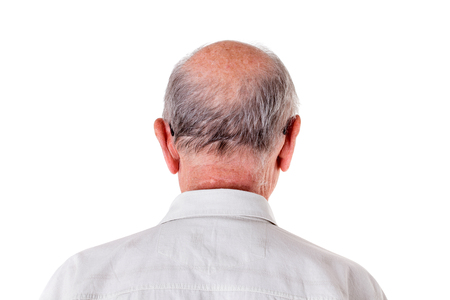 Back of the bald head of old man in shirt. Back view. Isolated on a white background.の写真素材