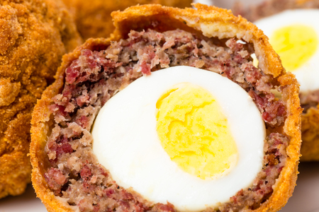 Baked scotch eggs. Macro shot. Photo can be used as a whole background.の写真素材