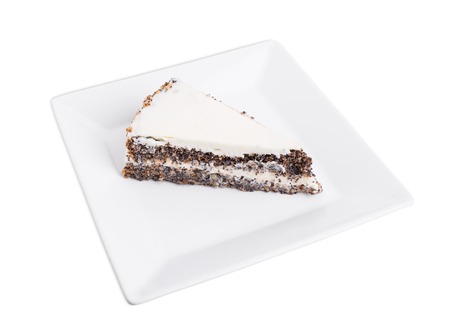 Delicious poppy seed cake with walnuts. Isolated on a white background.の写真素材