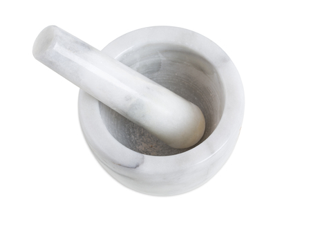 Marble mortar with pestle closeup. Isolated on a white background.の写真素材