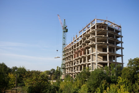 Construction site with crane in park against blue sky as a background.