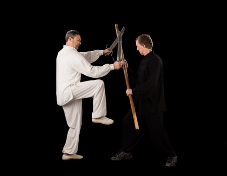 Men fighting martial arts on a black background
