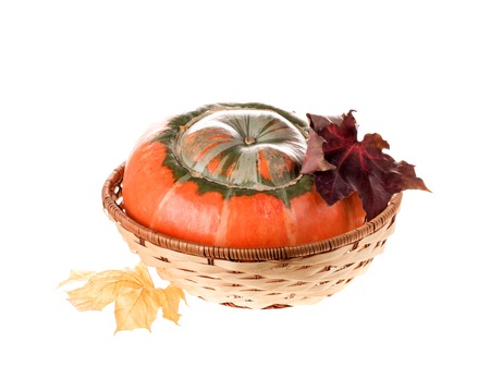 Composition of a pumpkin at the basket. Isolated on the white background.の写真素材