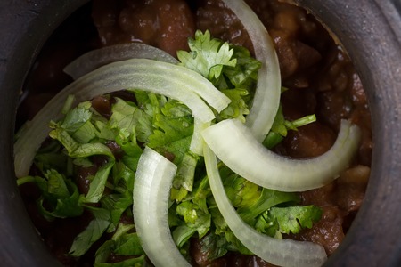 Stewed red beans with grated walnuts and fresh onions. Georgian appetizer lobio. Macro. Photo can be used as a whole background.の写真素材