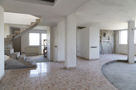 Design of an apartment. An empty interior of a newly built apartment with white walls.の写真素材