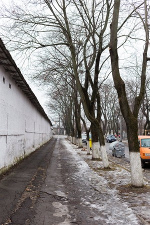 Winter street with a view of the housesの写真素材