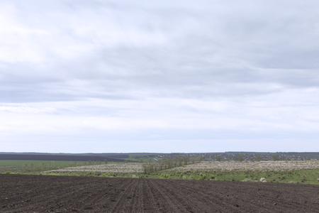 Beautiful landscape. Empty plough land field against the blue sky.の写真素材