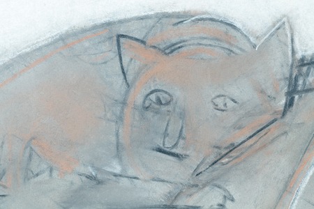 Fragment of a picture. Cat drawn on the paper covered of the sauce.の写真素材