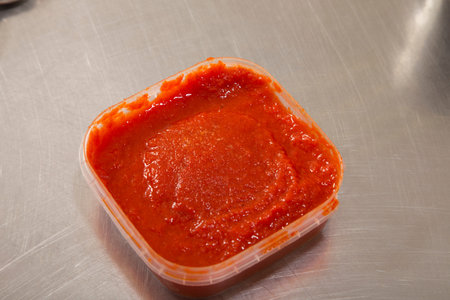A red hot sauce made of roasted bell peppers. It is located on a metal surface. Close-up.
