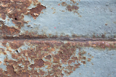 Rust has appeared on the blue painted metal wall. Detailed photo texture. Close-up. This image may...
