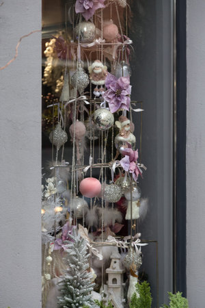 New Year's showcase with trees and toys. City life. Close-up.