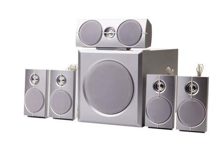 Six elements of the surround sound system. Isolated over white background. Close-up.の写真素材