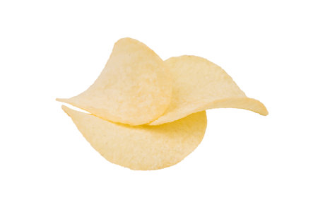 Three goldish deliciouse potato chips. Isolated over white background. Close-up.の写真素材