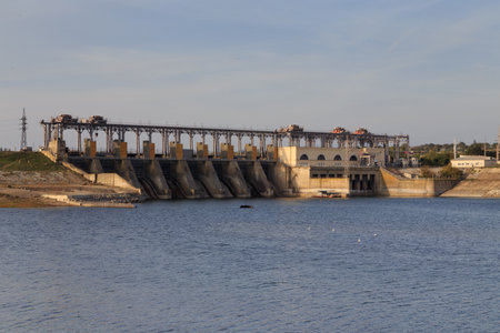 The hydroelectric power plants on the river. The evening on the river.の写真素材