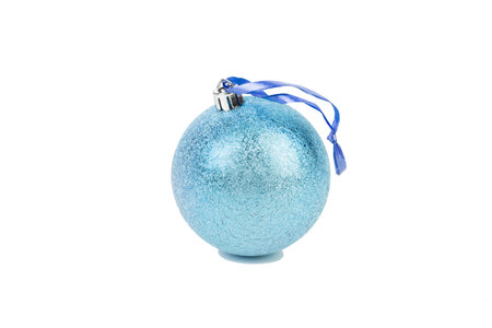 Blue Christmas ball on a blue ribbon. Isolated over white background. Close-up.の写真素材