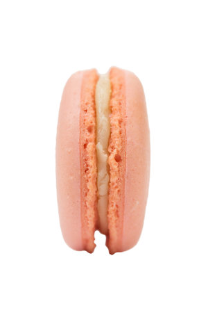 Pink delicious macaroons cookies with cream. It is isolated on white background. Close-up.の写真素材