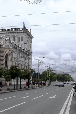 View from the car to the main square of Chisinau. Stefan cel Mare Boulevard and the Grand National Assembly Square. On 29 april, 2022.の写真素材