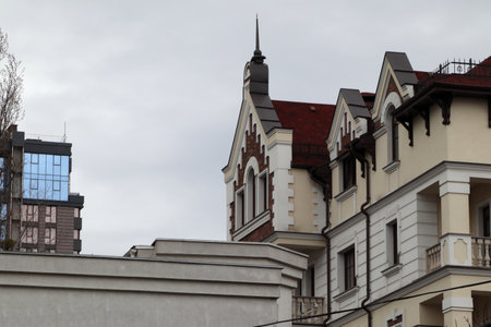 Fragments of modern urban architecture. The photo was taken on a cloudy day.の写真素材