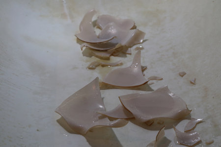 Fragments of a broken glass vase in a dirty bathtub. Close-up.の写真素材