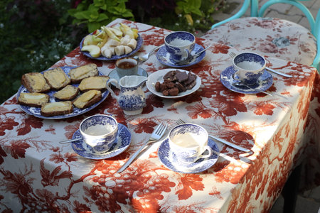 Healthy breakfast on the table in the open air. Close-up.の写真素材