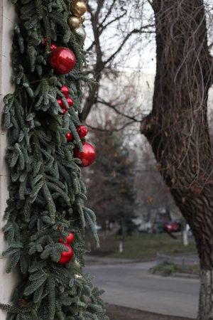 Festive decorations on the street in Chisinau. Close-up.の写真素材