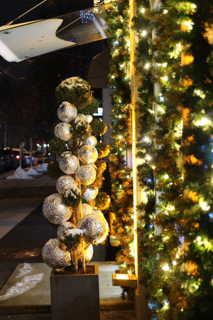 Festive decorations on the street in Chisinau. Close-up.の写真素材