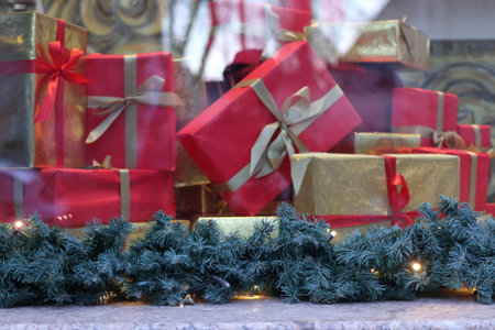A brightly decorated Christmas showcase. Close-up.の写真素材