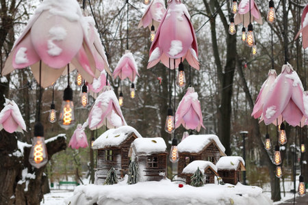 Festive decorations on the street in Chisinau. Close-up.の写真素材