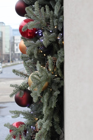 Festive decorations on the street in Chisinau. Close-up.の写真素材
