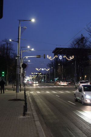 Stefan cel Mare Boulevard in the evening. Evening Chisinau on New Year's Eve. The Republic of Moldova. December 31, 2023.の写真素材