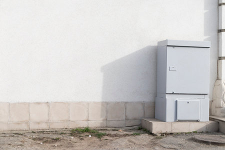 The distribution panel of internet network. It is located next to the wall of the building on the street. Close-up.の写真素材