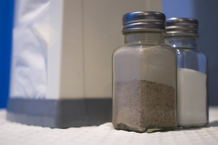 A salt and pepper shaker with a napkin dispenser. Close-up.の写真素材
