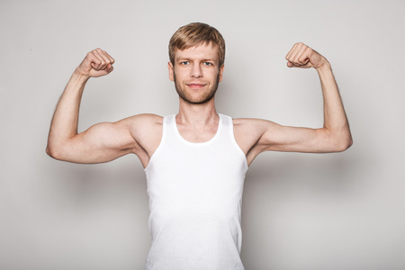 Conceptual portrait of a right handed man   の写真素材