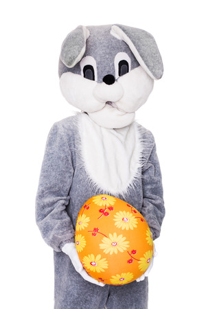 Bunny with big colorful Easter egg. Studio portrait isolated over white backgroundの写真素材