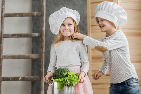 Brother and sister are Chefs. Full pot of vegetables. Healthy food. Vegetables. Familyの写真素材