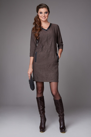 Beautiful sexy young business woman with evening make-up wearing a dress and high-heeled shoes and a small black handbag, business clothes for meetings and walks autumn collectionの写真素材