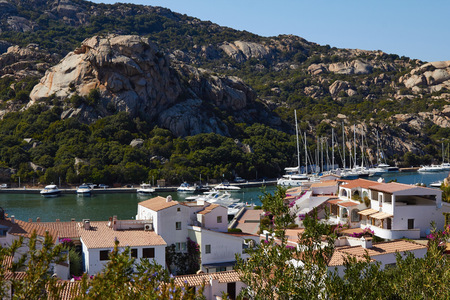 Beautiful waterfront landscape Italy rooftops and green treetopsの写真素材